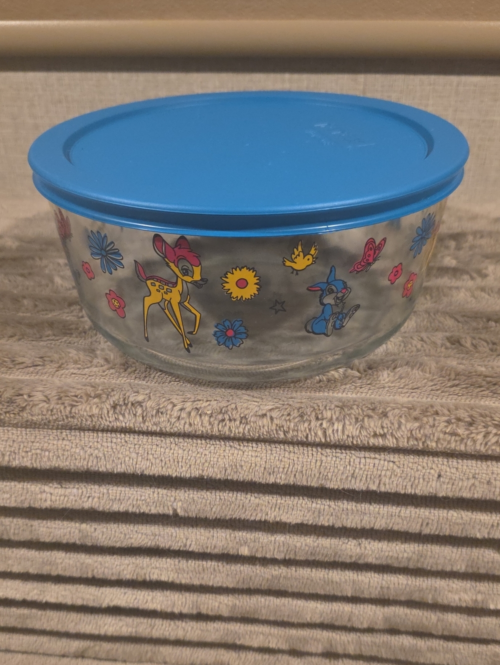 Pyrex NWOT Glass Storage Bowl with Blue Lid and Bambi-Themed Floral Accents